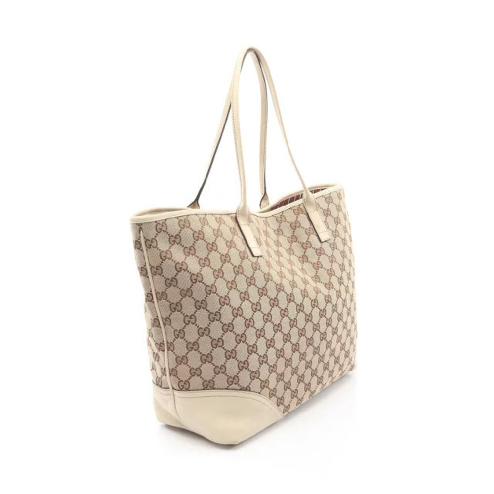 Gucci White Ivory Bag Tote Canvas Beige GG Leather Brit White Tan